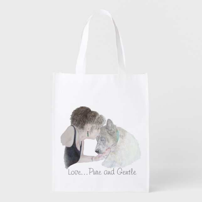 A tender loving drawing of girl kissing akita dog grocery bag (Front)