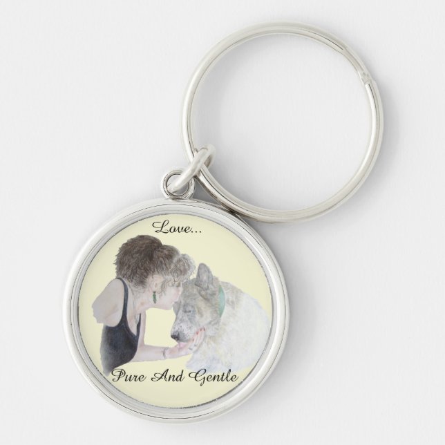 A tender loving drawing of girl kissing akita dog keychain (Front)