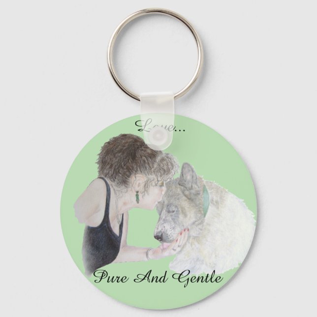 A tender loving drawing of girl kissing akita dog keychain (Front)