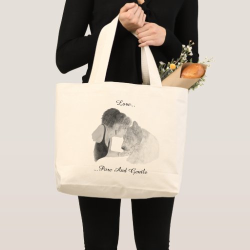 A tender loving drawing of girl kissing akita dog large tote bag