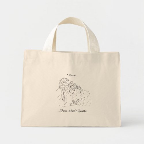 A tender loving drawing of girl kissing akita dog mini tote bag