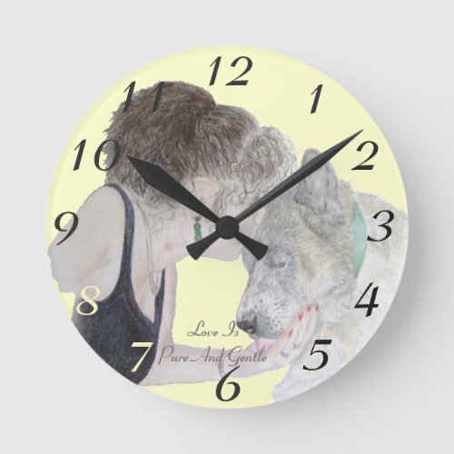 A tender loving drawing of girl kissing akita dog round clock