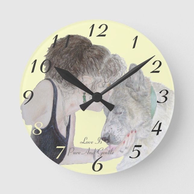 A tender loving drawing of girl kissing akita dog round clock (Front)