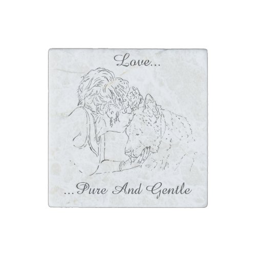 A tender loving drawing of girl kissing akita dog stone magnet