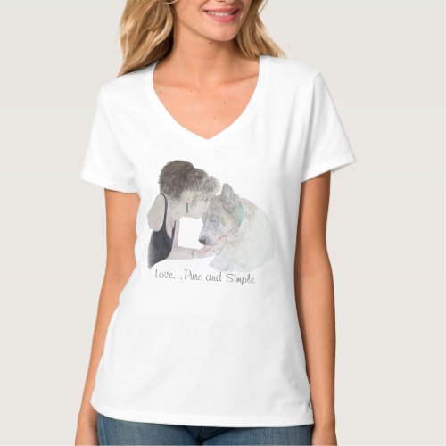 A tender loving drawing of girl kissing akita dog T_Shirt