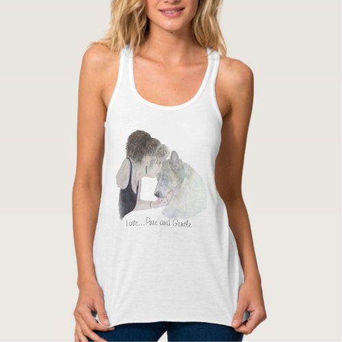 A tender loving drawing of girl kissing akita dog tank top