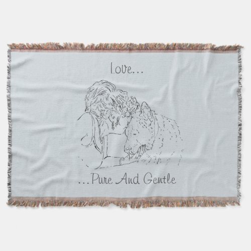 A tender loving drawing of girl kissing akita dog throw blanket