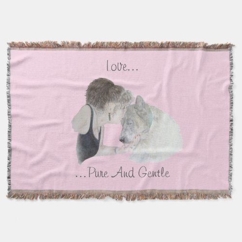 A tender loving drawing of girl kissing akita dog throw blanket