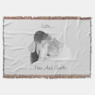 A tender loving drawing of girl kissing akita dog throw blanket