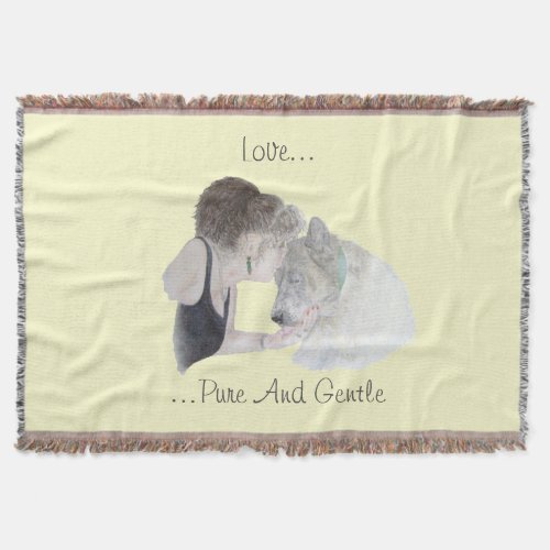 A tender loving drawing of girl kissing akita dog throw blanket