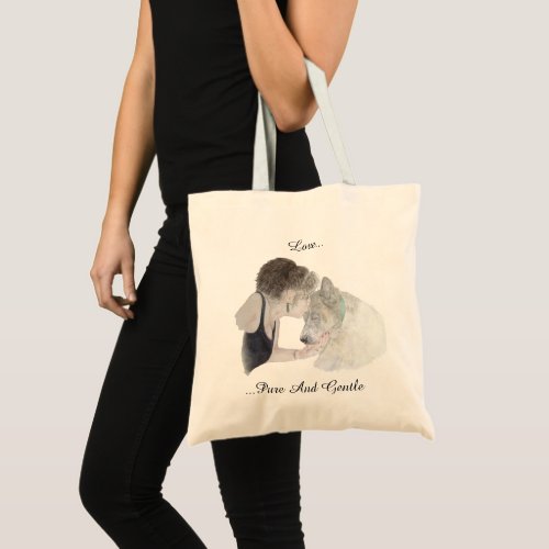 A tender loving drawing of girl kissing akita dog tote bag