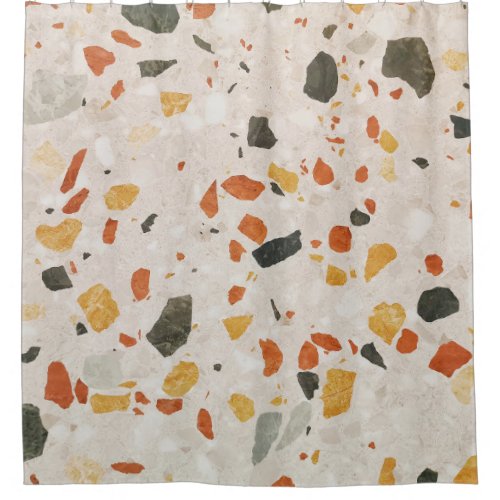 A terrazzo color red and green and yellow in concr shower curtain