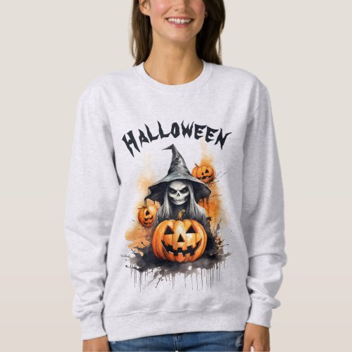 A terrible witch in a hat with a pumpkin on Hallow Sweatshirt
