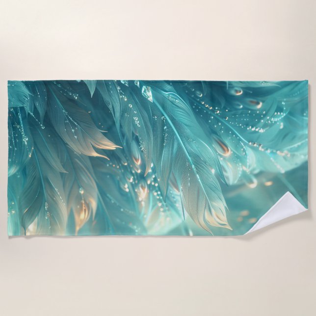 A texture of turquoise feathers and diamond glow beach towel (Front)