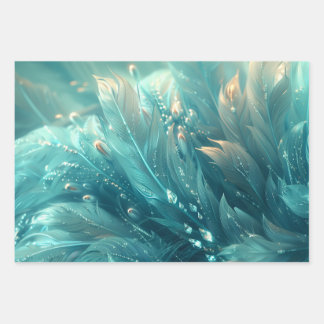 A texture of turquoise feathers and diamond glow wrapping paper sheets