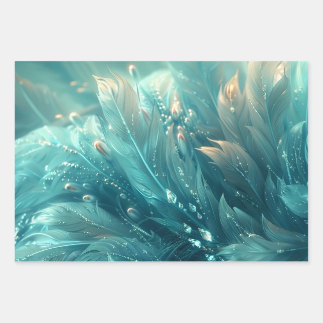 A texture of turquoise feathers and diamond glow wrapping paper sheets (Front)