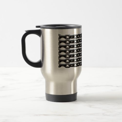 A thermal travel mug with a metal chain design