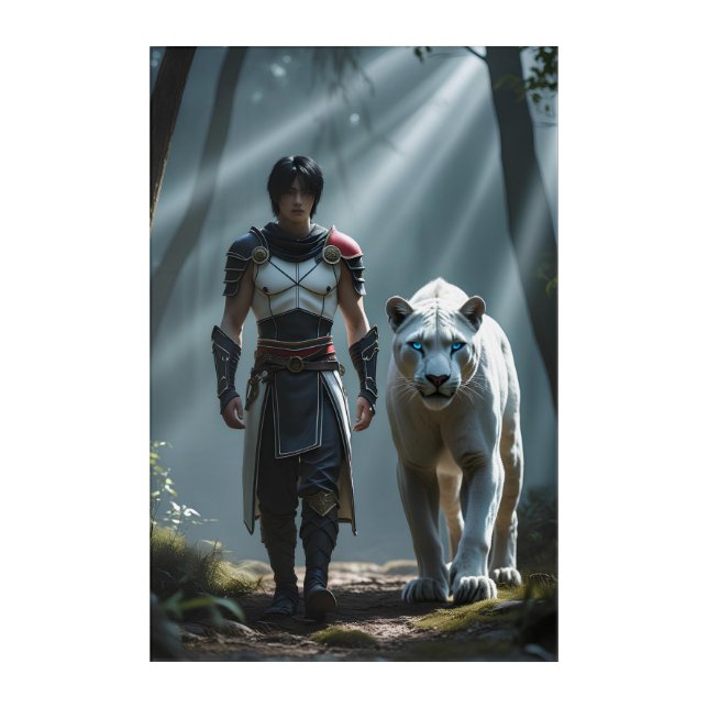A thin male warrior with black hair acrylic print (Front)
