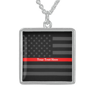 A Thin Red Line US Flag Personalized in Black on a Sterling Silver Necklace