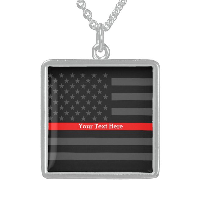 A Thin Red Line US Flag Personalized in Black on a Sterling Silver Necklace (Front)