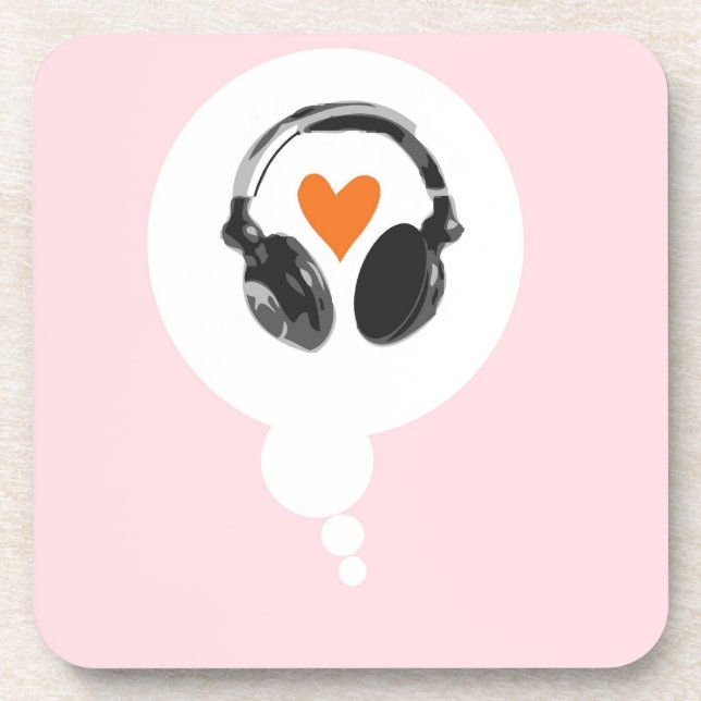 A thought bubble with a heart and headphones drink coaster (Front)