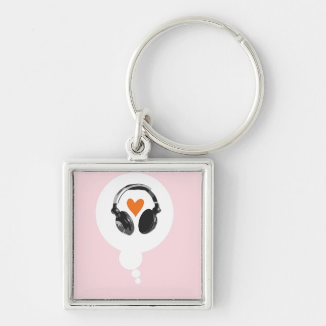 A thought bubble with a heart and headphones keychain (Front)
