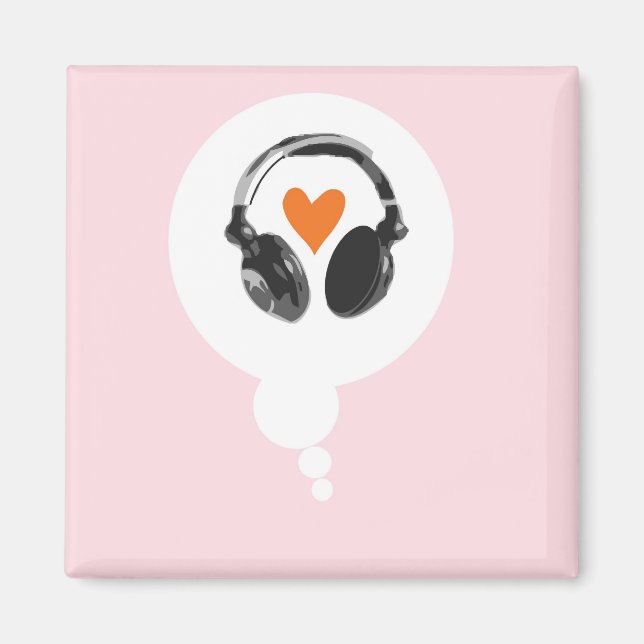 A thought bubble with a heart and headphones magnet (Front)