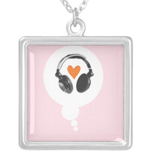 A thought bubble with a heart and headphones silver plated necklace (Front)