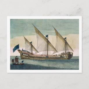 A three-masted Galleass under way by sail, oars sh Postcard
