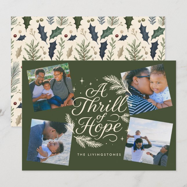 A Thrill of Hope Green Religious 4 Photo Collage Holiday Card (Front/Back)