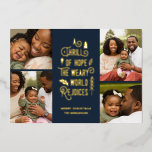 A Thrill of Hope | Modern Photo Collage Christmas  Foil Holiday Card<br><div class="desc">This stylish Christmas collage holiday photo card features 4 photo templates and modern typography reading,  "A Thrill of Hope,  The Weary World Rejoices." The back of the card contains a matching pattern of holly berries,  leaves,  and pine sprigs in navy blue. Easy to personalize!</div>