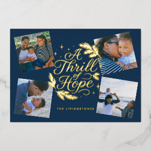 A Thrill of Hope Navy Religious 4 Photo Collage Foil Holiday Card