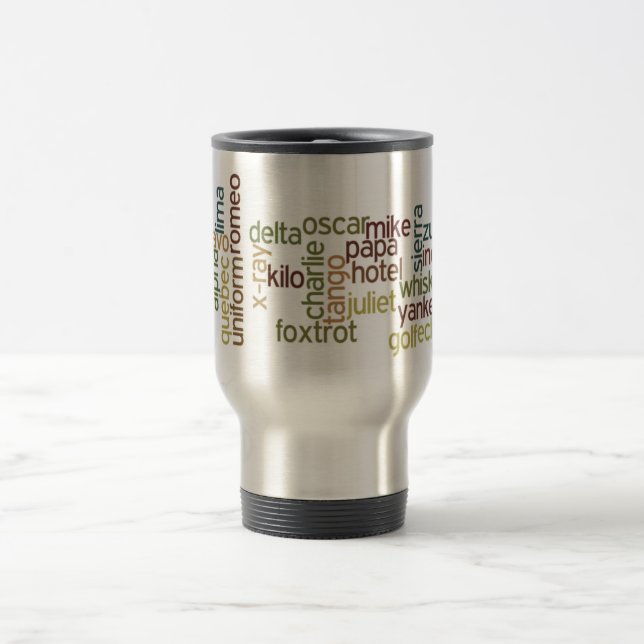 A Through Z Phonetic Alphabet Telephony (Wordle) Travel Mug (Center)