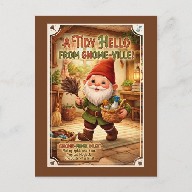 "A Tidy Hello" Gnome Greeting Postcard (Front)