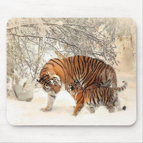 A Tiger And A cub In The Snowy Forest Mousepad