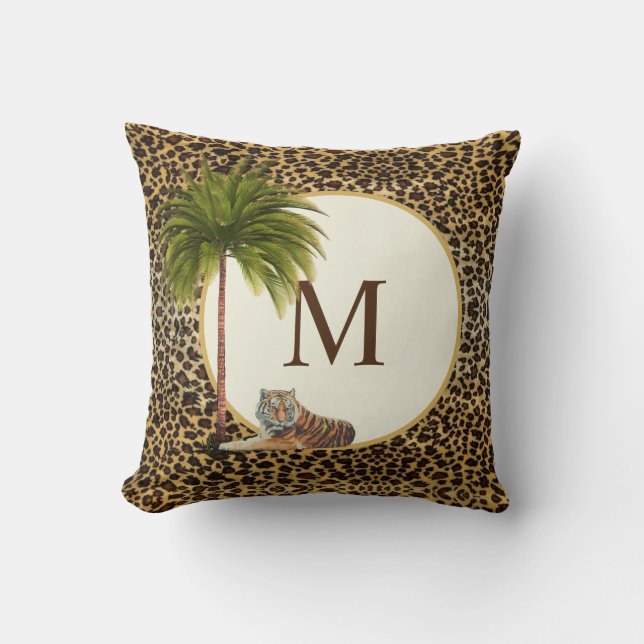 A tiger on a leopard pattern background Monogram Throw Pillow (Front)