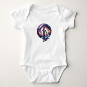A time traveler stepping through a portal, with sp baby bodysuit