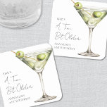 A Tini Bit Older Martini Birthday Square Paper Coaster<br><div class="desc">A Tini Bit Older Birthday Square Coaster. This playful design features a watercolor green martini glass with olives on the right side, paired with the phrase “A Tini Bit Older” at the top in stylish handwritten script for a fun, cheeky vibe. The birthday person's name and age are displayed at...</div>