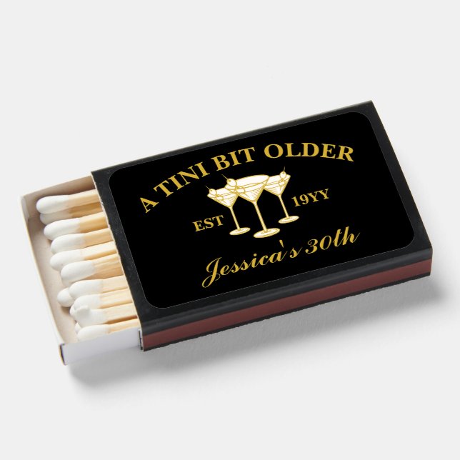 A Tini Bit Older Martini Black Birthday Party Matchboxes (Front Open)