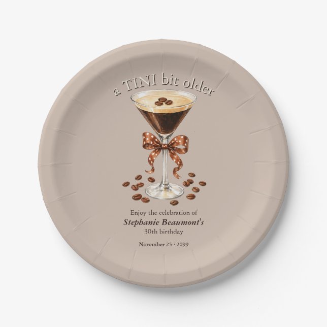 A Tini Bit Older Martini Espresso Brown Bow 30th Paper Plates (Front)