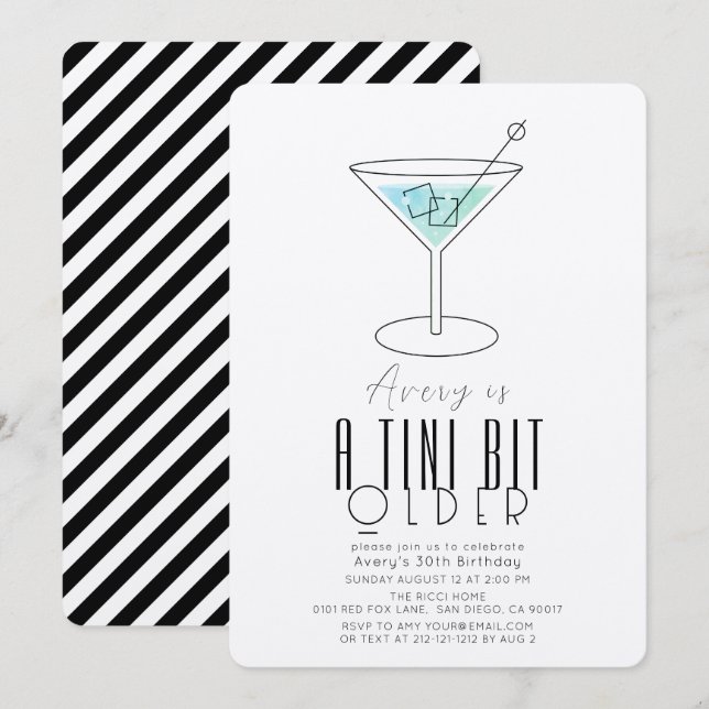 A Tini Bit Older Modern Turquoise Martini Birthday Invitation (Front/Back)