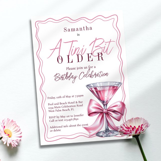 A Tini Bit Older Pink Bow Martini Birthday Party Invitation (Creator Uploaded)