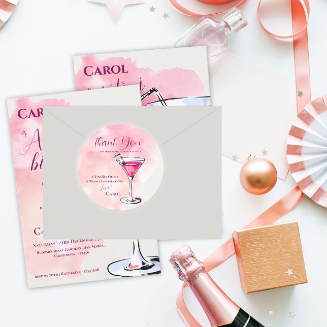 A Tini Bit Older Pink Martini Birthday Thank You Classic Round Sticker (A Tini Bit Older Pink Martini Birthday Thank You Classic Round Sticker)