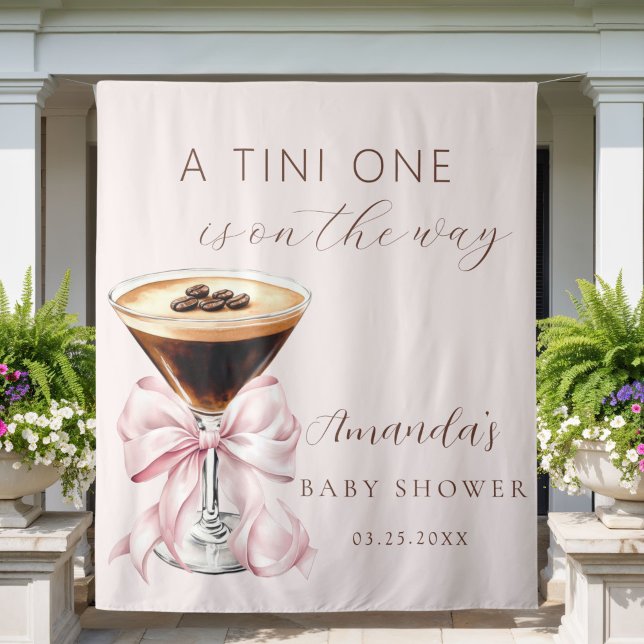 A tini One Espresso Martini Baby Shower Backdrop (A tini one is on the way Pink coquette bow baby shower backdrop)