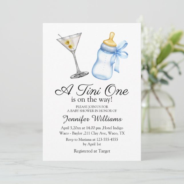 a tini one is on the way, martini boy baby shower invitation (Standing Front)
