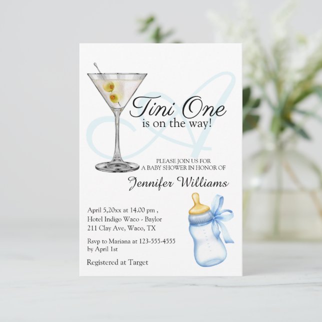 a tini one is on the way, martini chic baby shower invitation (Standing Front)