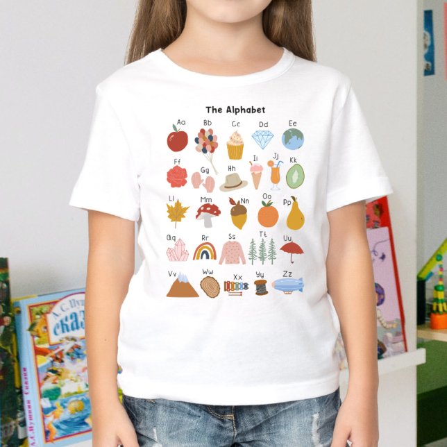 A to Z Alphabet Kids T-Shirt (In-Context, Girl in kindergarten)