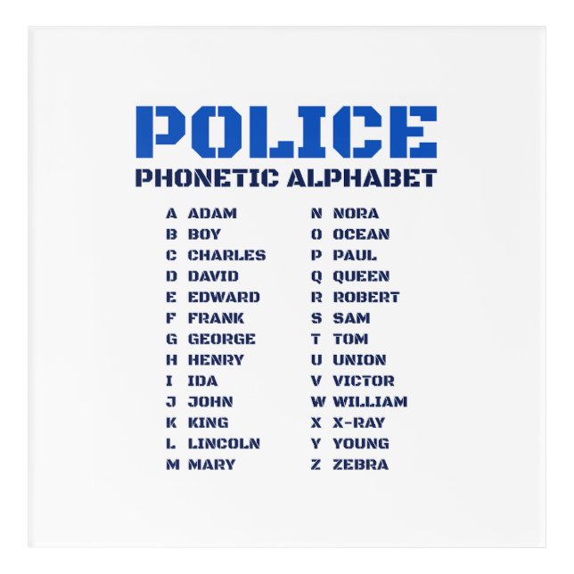 A to Z Alphabet Police Phonetic Alphabet Acrylic Print (Front)