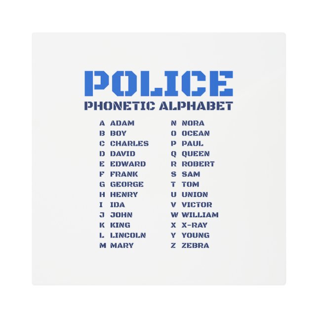 A to Z Alphabet - Police Phonetic Alphabet Metal Print (Front)
