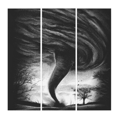 a tornado on a road in realistic style triptych